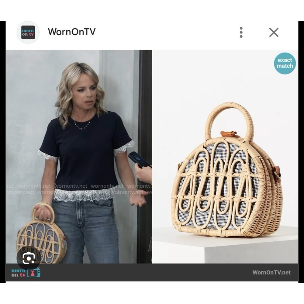 Anthropologie Mini Rattan Gingham Lined Suitcase Satchel Unique Worn On TV - Picture 10 of 10